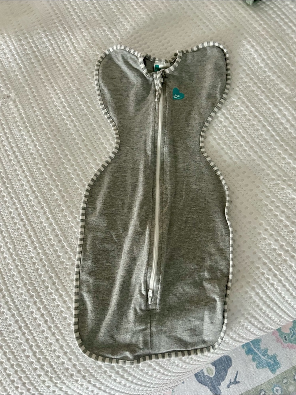 Love to Dream Gray Zip Swaddle with Teal Heart Logo